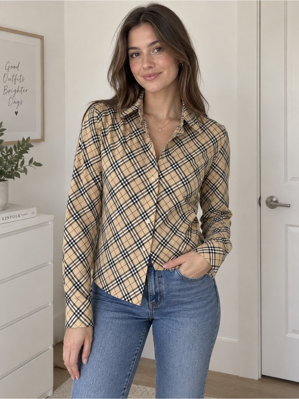 Burberry Beige Plaid Button-Front Shirt Jacket